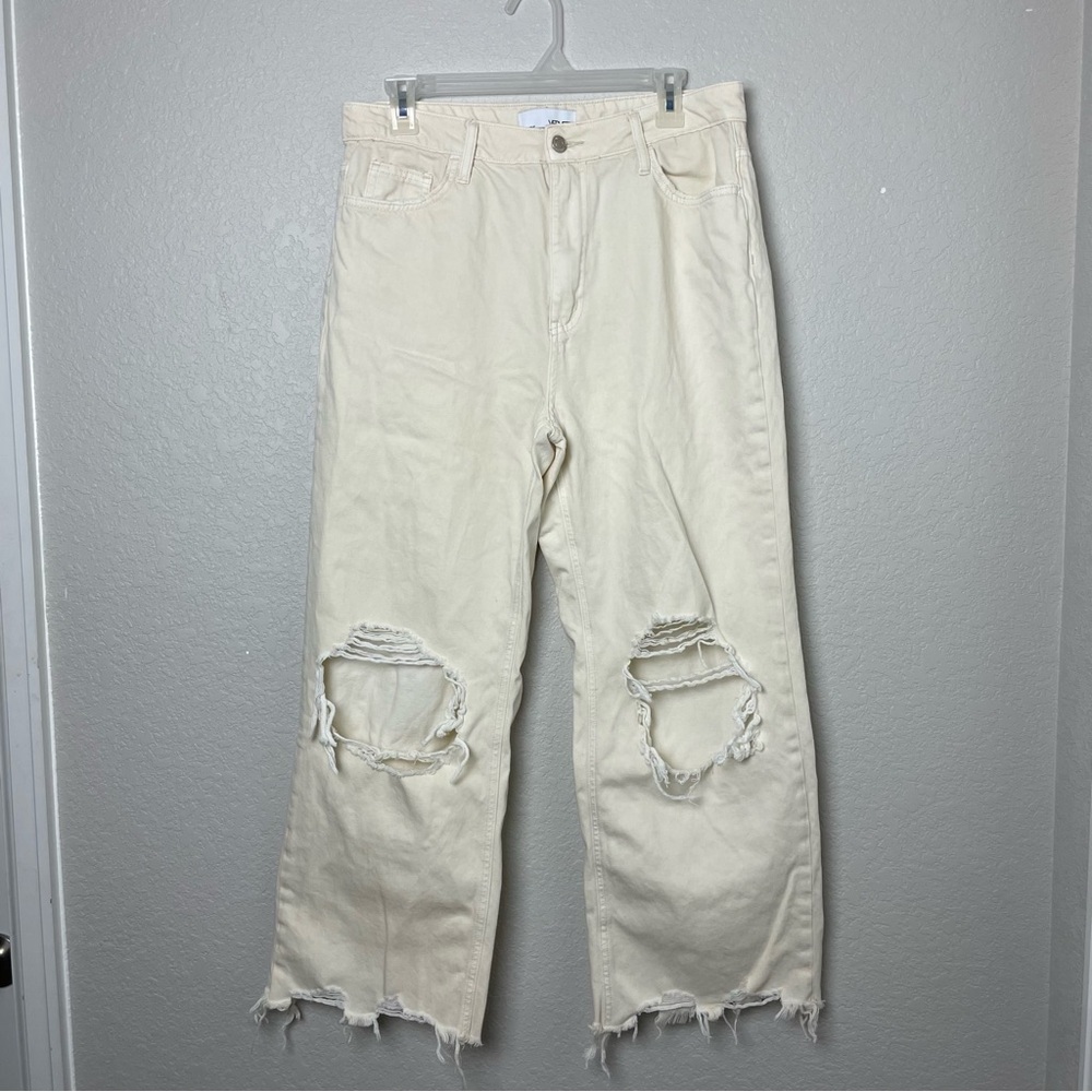 VERVET Cream 100% Cotton High-Rise Wide Leg Distressed Cropped Jeans Size 30